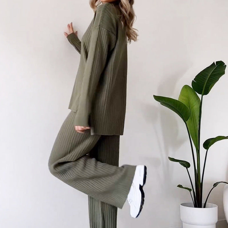 Turtleneck Knitted Suit Loose Split Design Long-sleeved Top And Straight Trousers Set