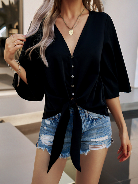 V-Neckline Button-Up Tie-Front 3/4 Sleeve Blouse