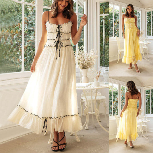 Suspender Spaghetti Strap Long Dresses With Bow Pleat Design