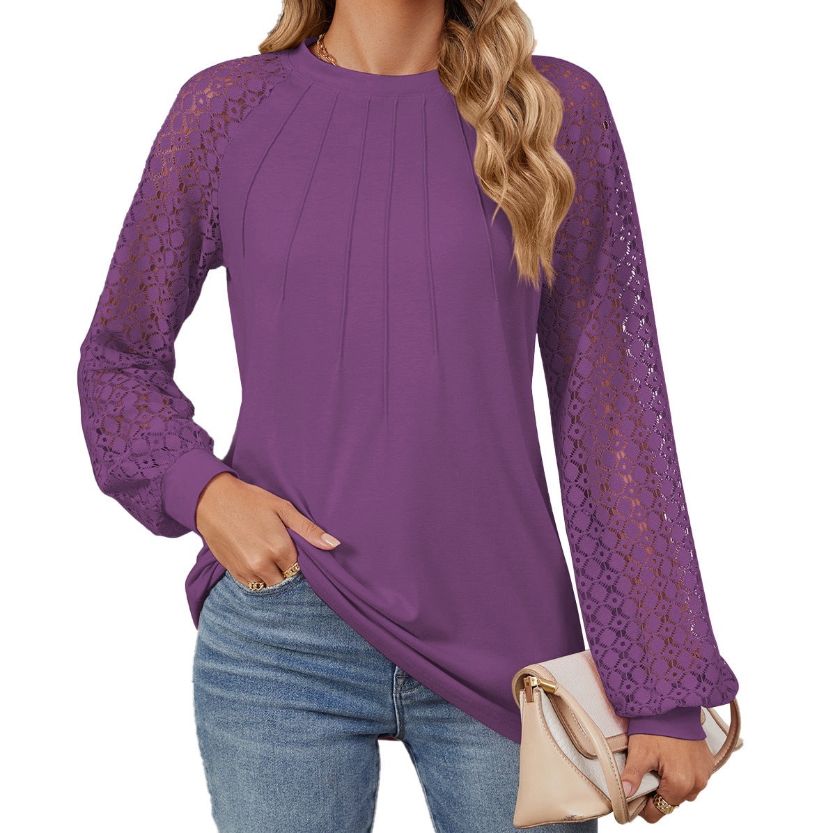 Lace Long Sleeve Round Neck Solid Color Pullover Top