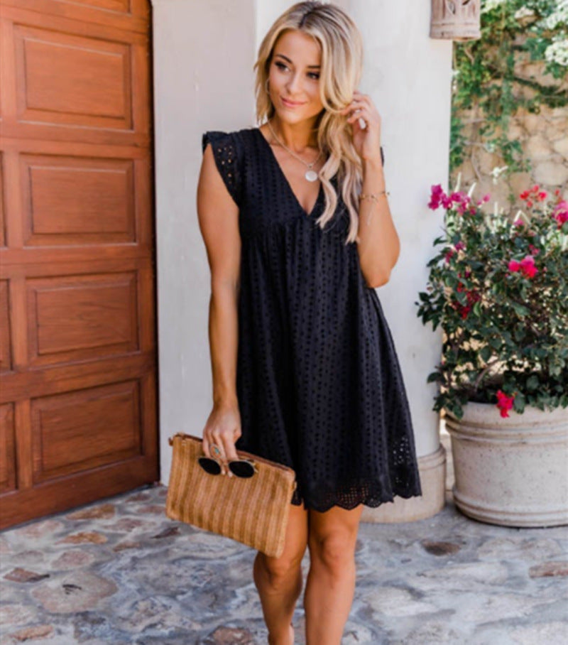 Sleeveless Lace V-Neck Dress With Pockets and Shorts.