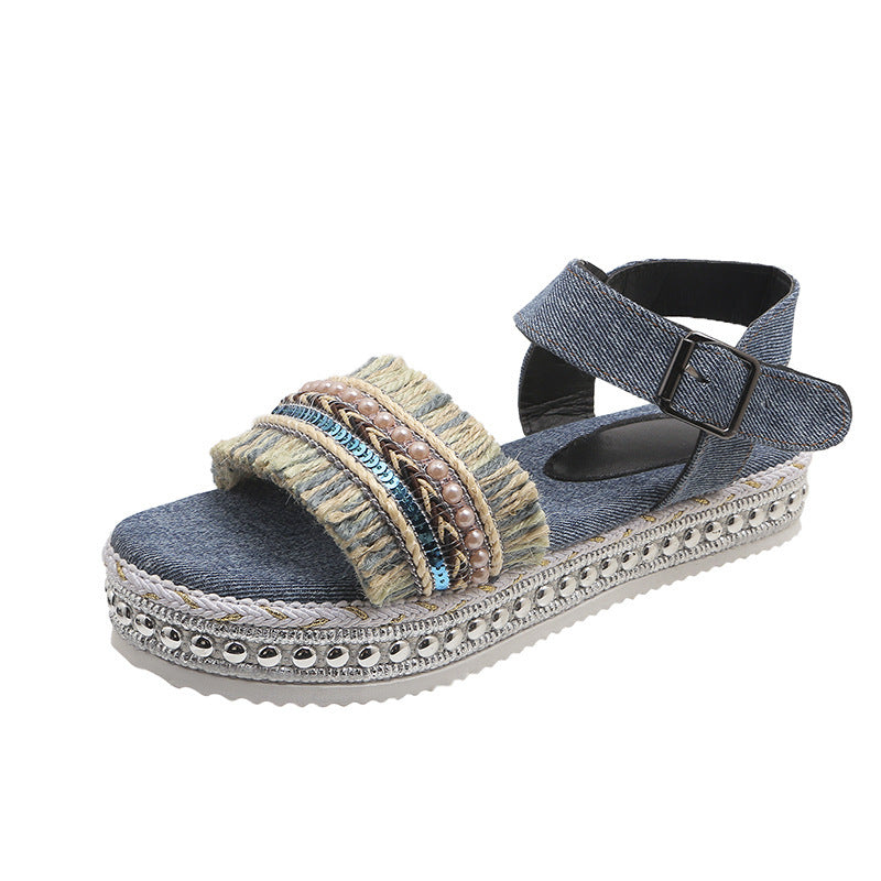 Tassel Denim Sandals With Thick-soled, Flat Heel, Hemp Rope Sole Ethnic Style Shoes