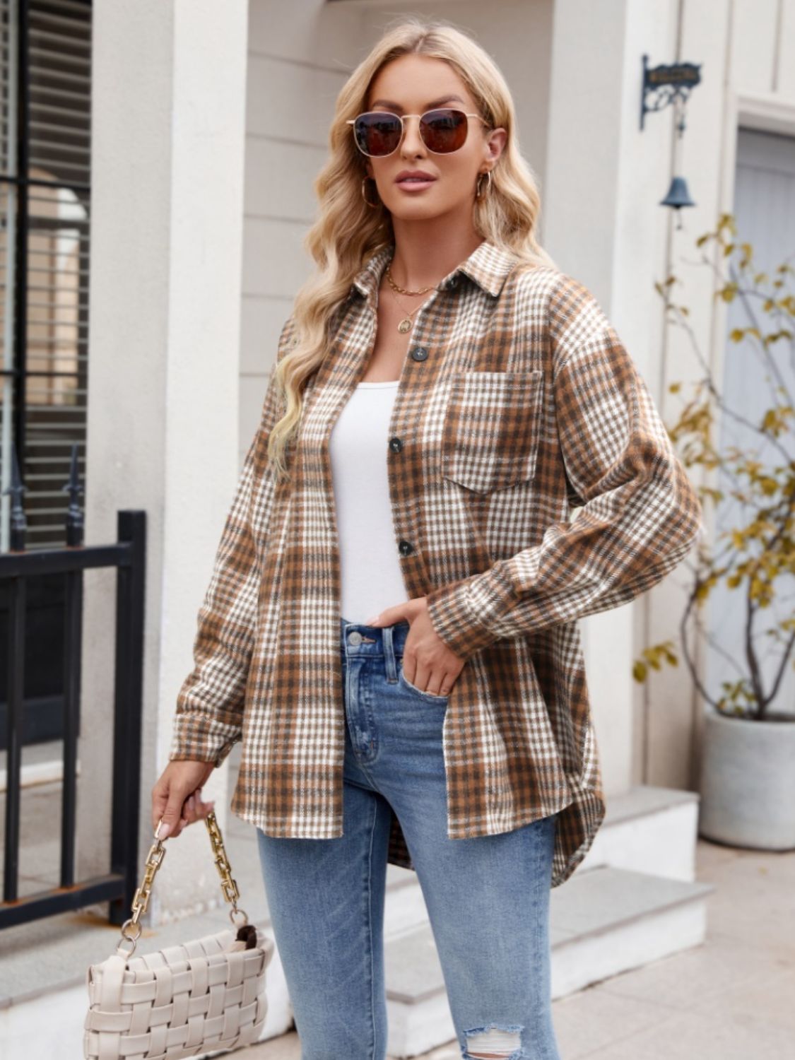 Mandy Pocketed Plaid Collared Neck Long Sleeve Shirt