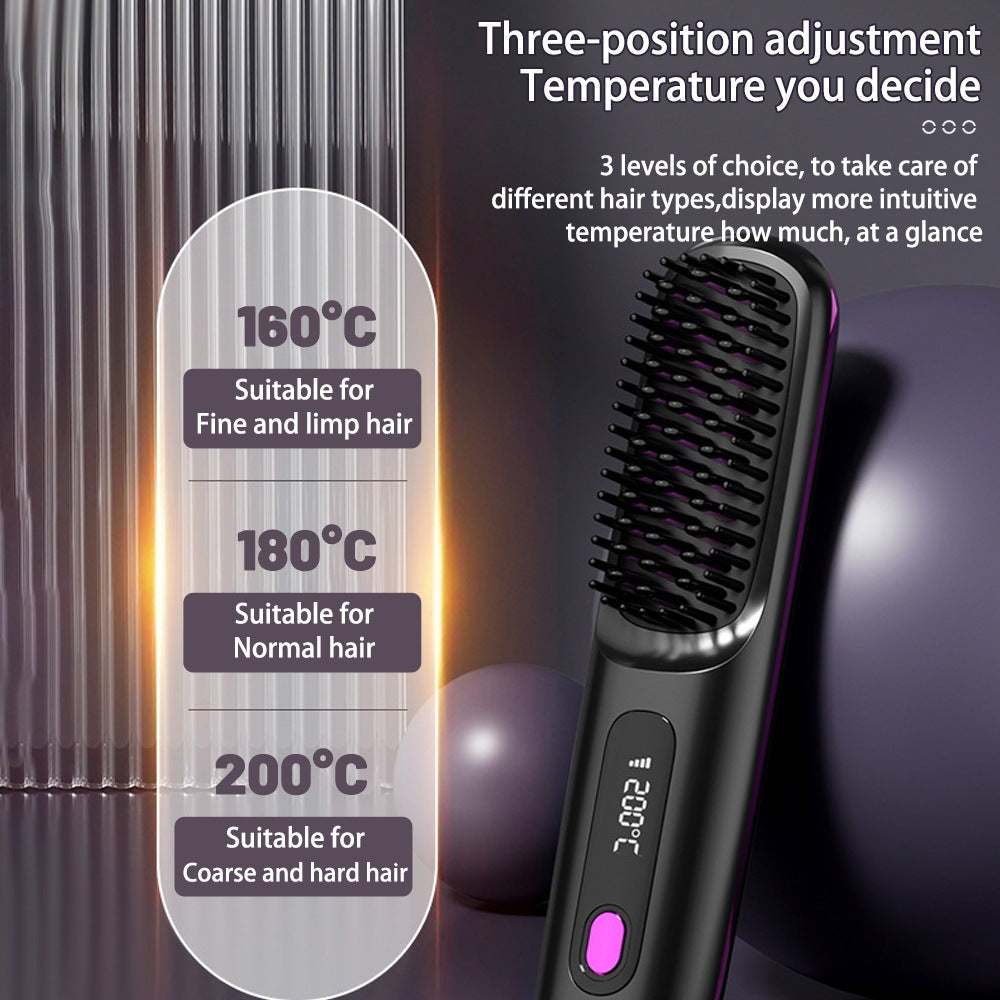 2 In 1 Wireless Hair Straightener Brush, Fast Heating Portable Hot Curler USB Charging