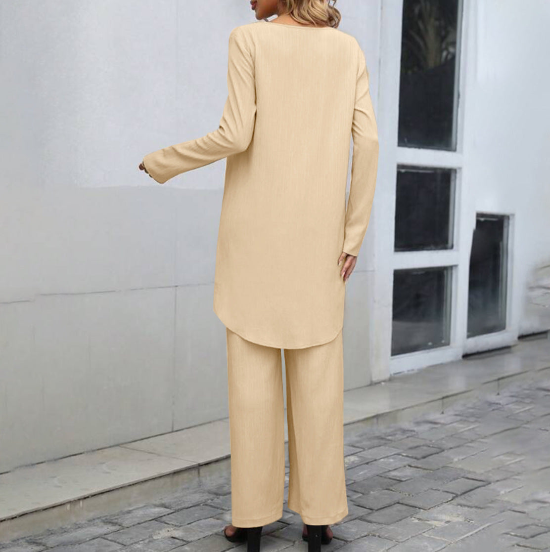 Two-piece Set Long Sleeve Irregular Hem Top Elastic Waist Wide Leg Trousers