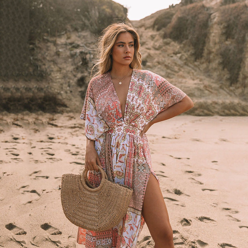 Floral Printed Bohemian Dress Irregular Cover-up