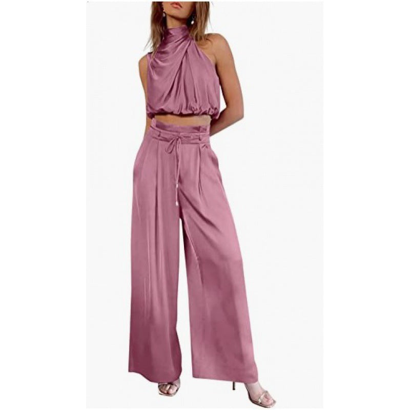 Sleeveless Midriff-baring Top And Wide Leg Pants Set