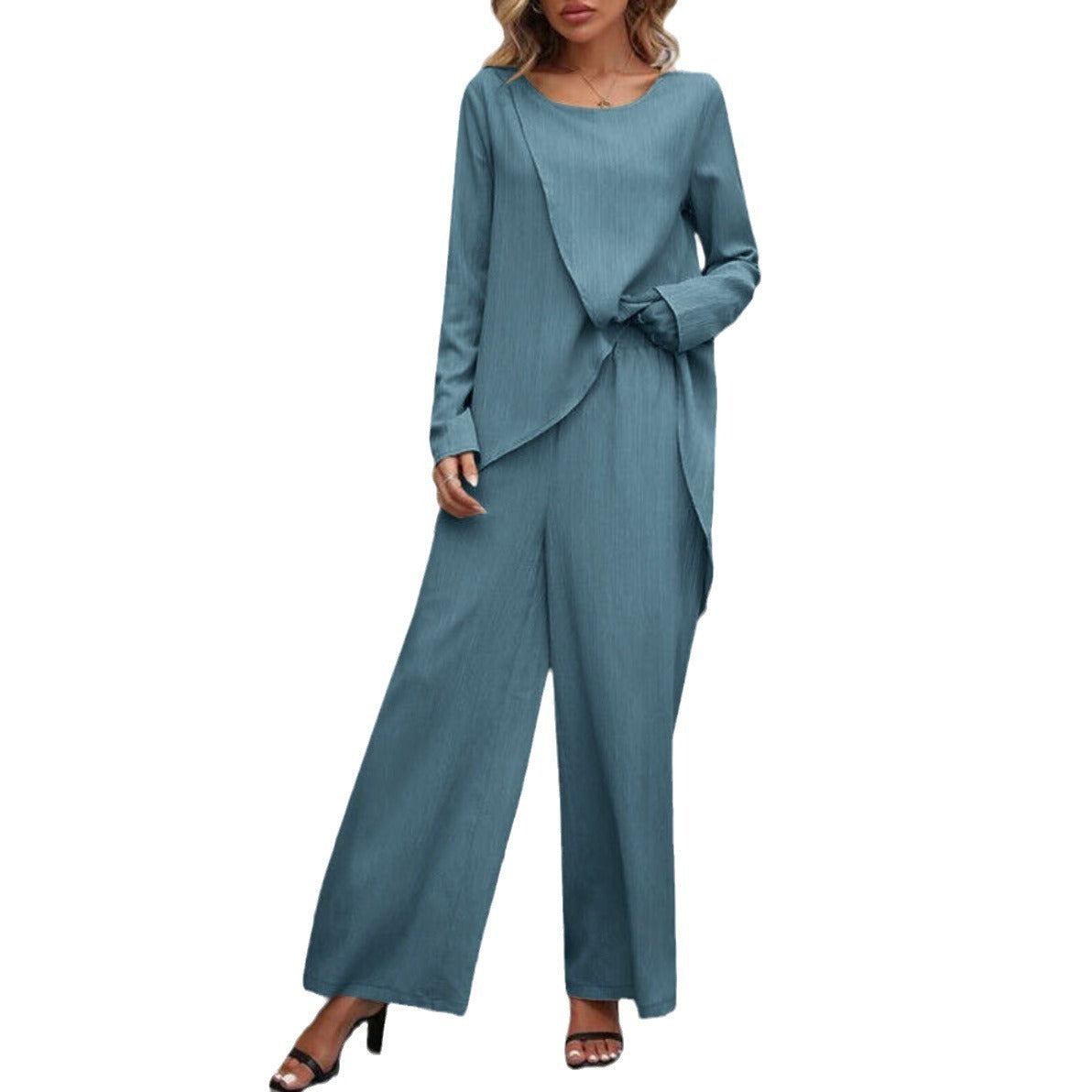 Two-piece Set Long Sleeve Irregular Hem Top Elastic Waist Wide Leg Trousers