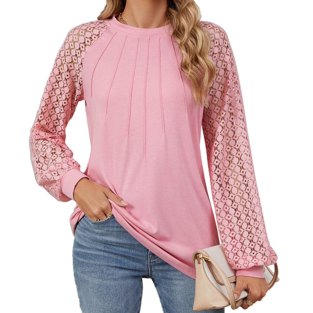 Lace Long Sleeve Round Neck Solid Color Pullover Top