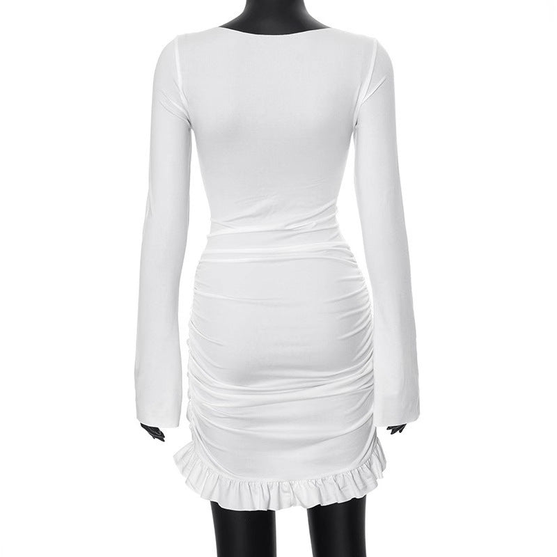 Solid Color Round Neck Long Sleeve Pleated Twist Slim Fit Dress