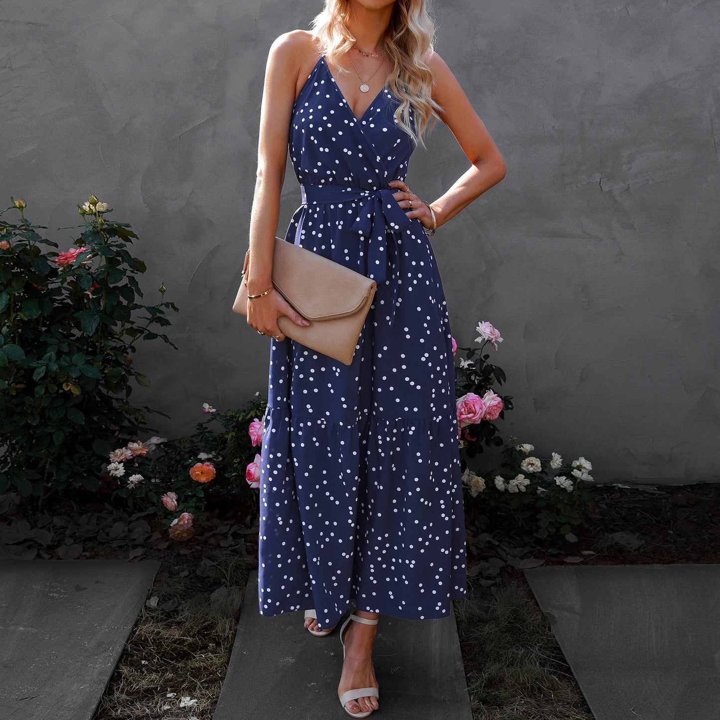 V-Neck Strap Polka Dot Long Dress