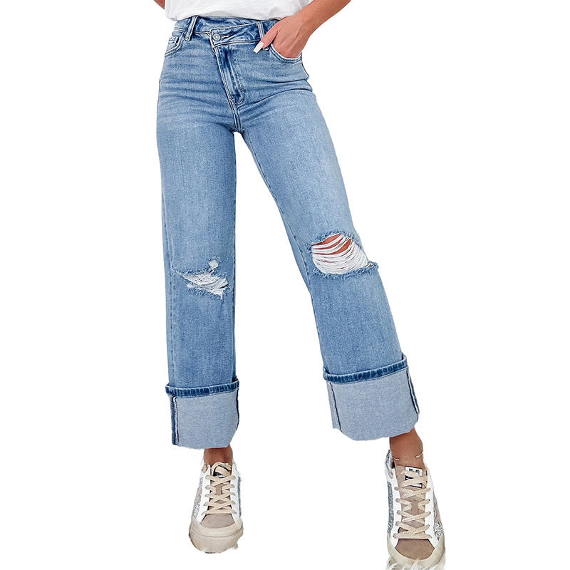 Solid Color High Waist Ripped Jeans