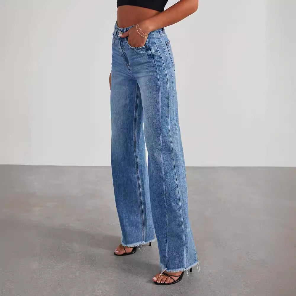 Loose Wide-leg Side Seam Stitching Frayed Hem Jeans