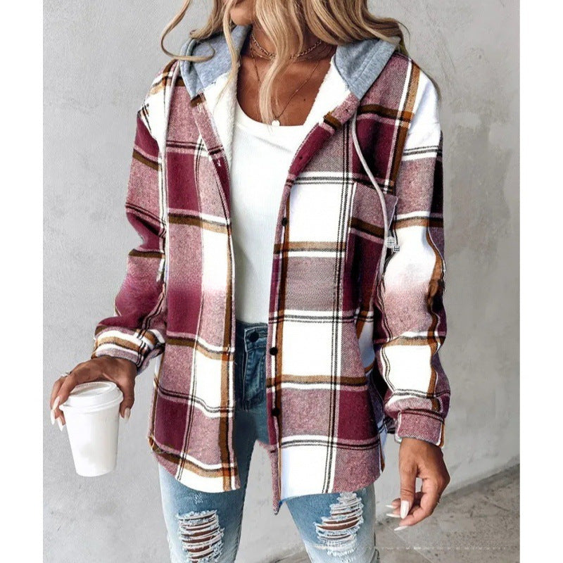 Solid Color Plaid Hooded Jacket