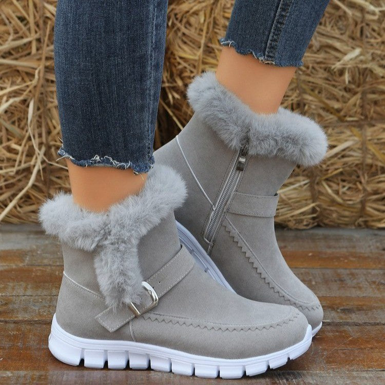 Snow Boots Warm Thick Solid Color Plush Ankle Boots With Buckle Design