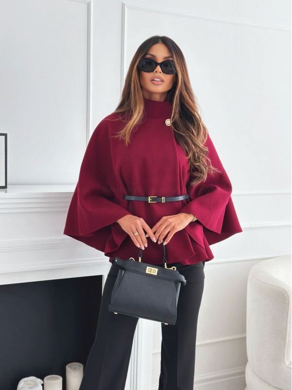 New Stand Collar Batwing  Sleeves Woolen Cloak Jacket With Belt