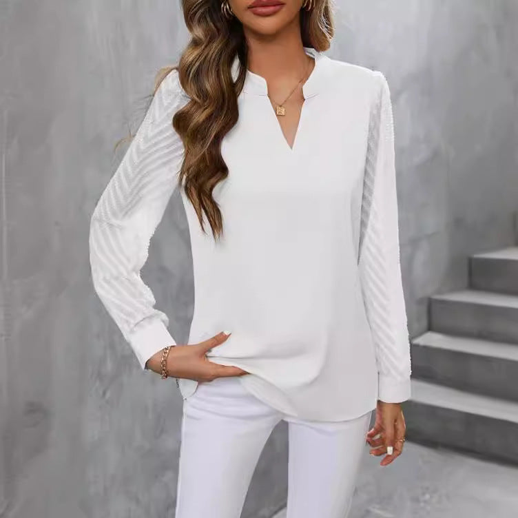 Chiffon Patchwork Long Sleeve Solid Color V-neck Top