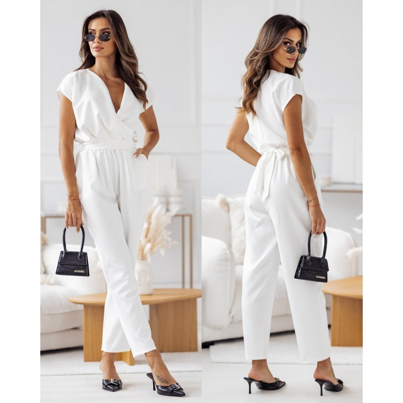 Solid Color Slimming Short-sleeved Jumpsuit