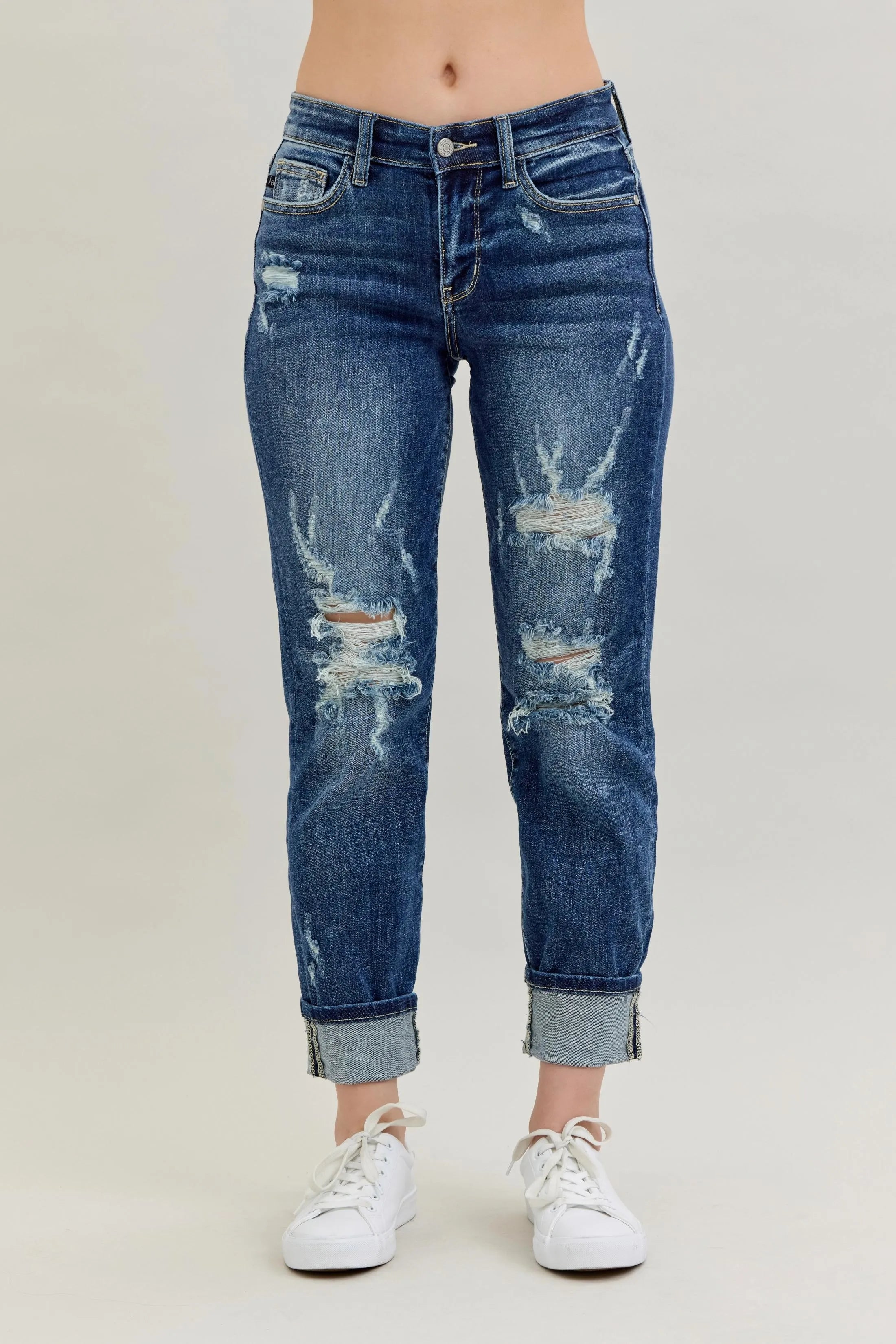 Judy Blue Full Size Mid Rise Cuffed Destroy Boyfriend Jeans Plus Size