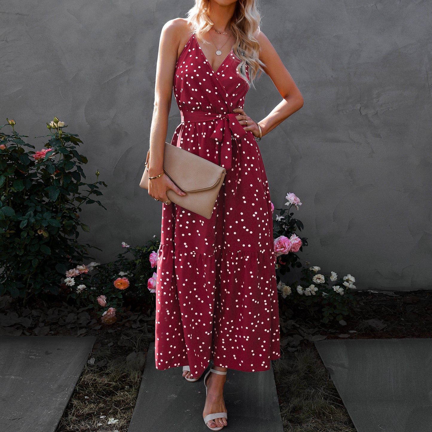 V-Neck Strap Polka Dot Long Dress