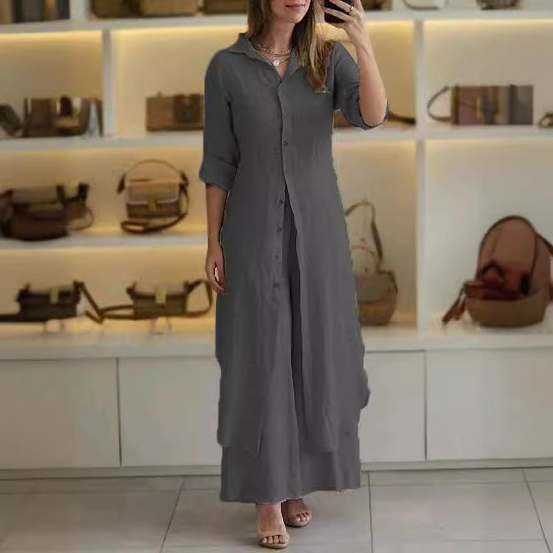 Urban Elegant Cotton And Linen Slim-fit Waist-tight Long Shirt Wide-leg Pants Suit