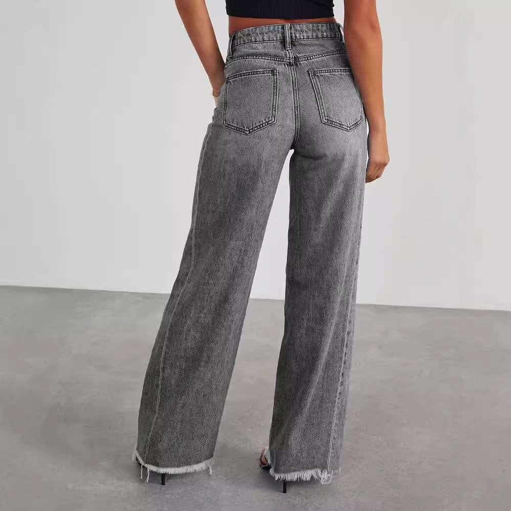 High Waist Jeans With Pockets ,Slim Fit Straight Wide-leg