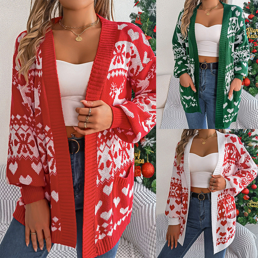 2024 Christmas Open Front Cardigan, Lantern Sleeve Xmas Printed Oversized Deer Sweater Pockets