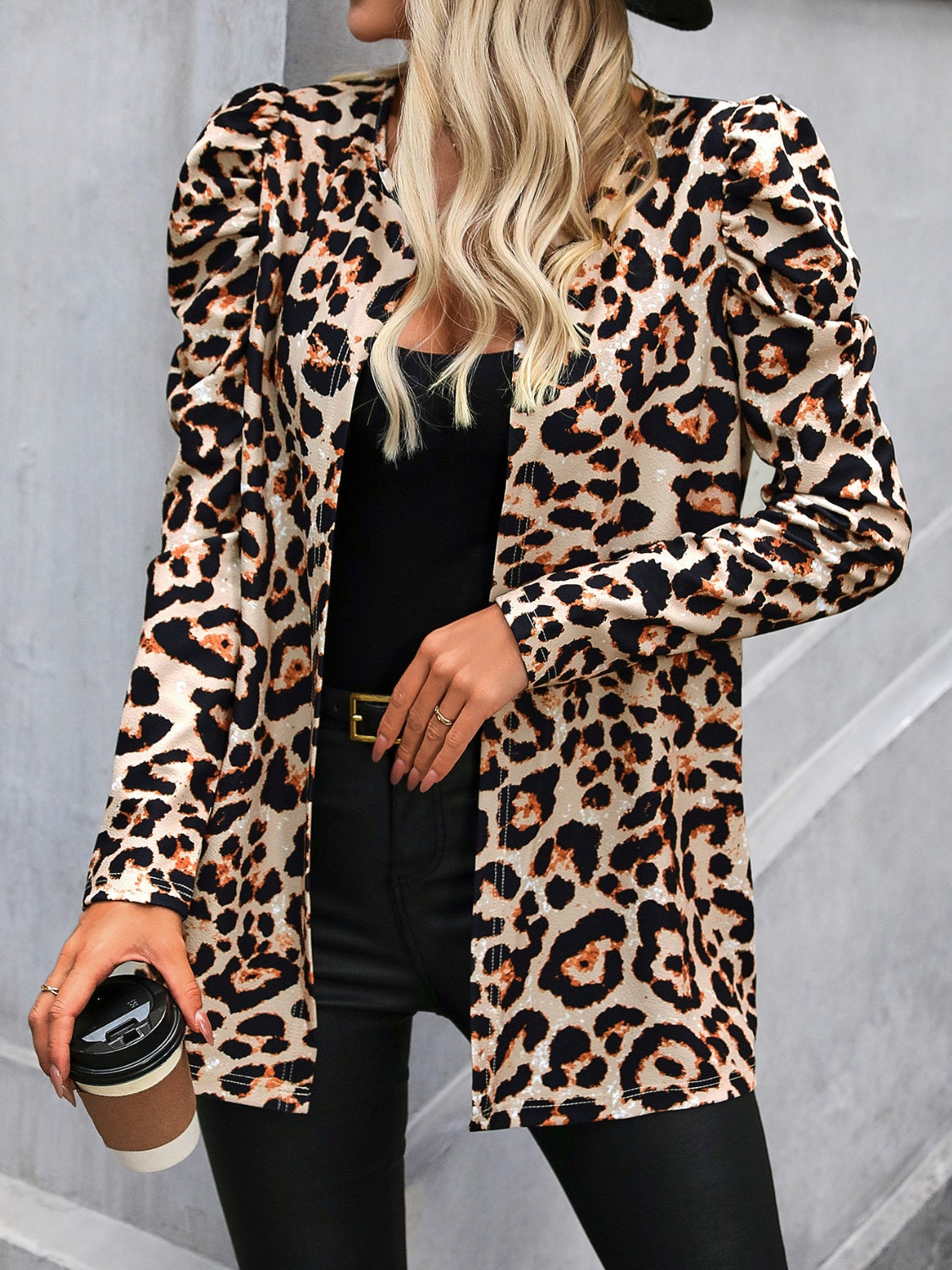 Leopard Open Front Puff Sleeve Jacket