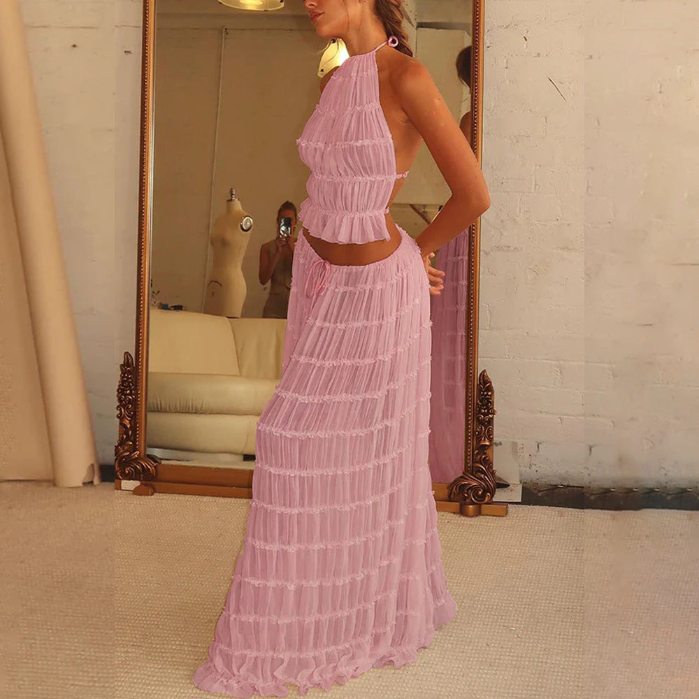 2pc Dress Suit, Sleeveless, Backless Cropped Halter Top And Pleated Long Dress