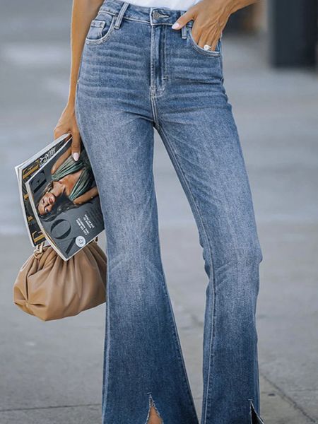 Elastic Water-washed Split Flared Jeans