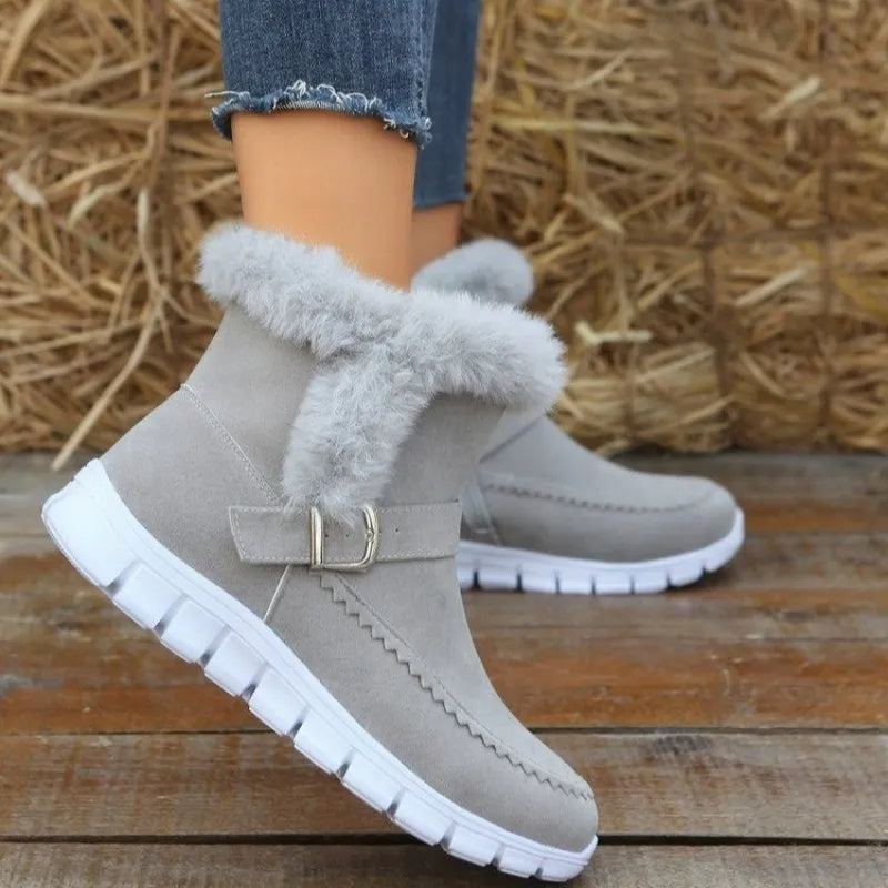 Snow Boots Warm Thick Solid Color Plush Ankle Boots With Buckle Design