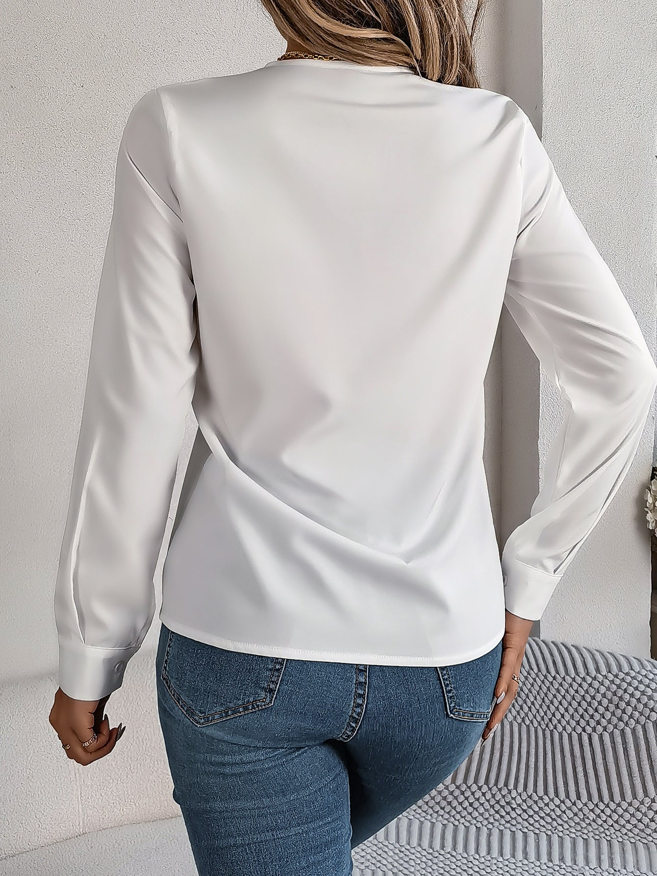 V-Neck Long Sleeve Elegant Commuter Solid Blouse