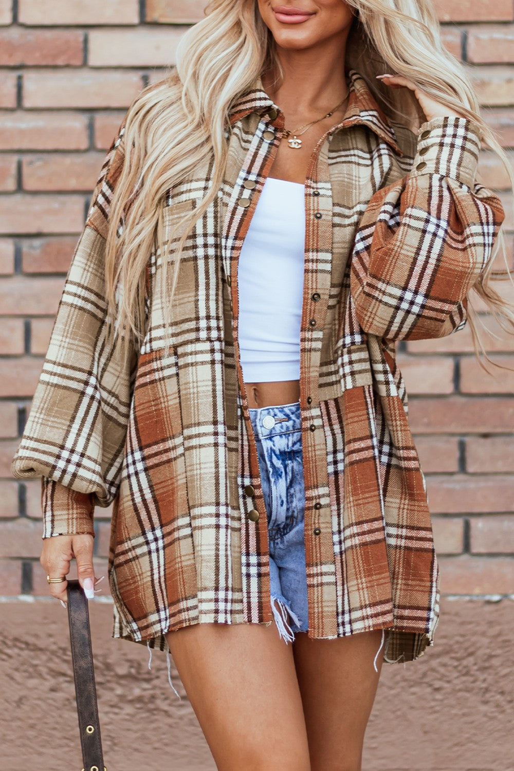 Plaid Snap Down Dropped Shoulder Shacket