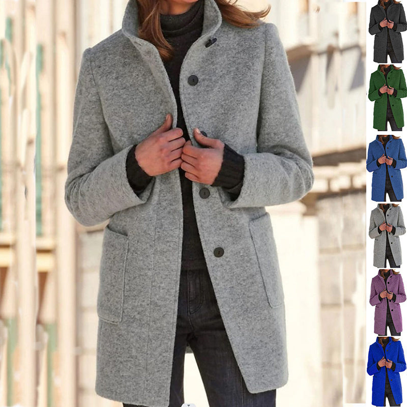 Collar Woolen Coat With Pockets