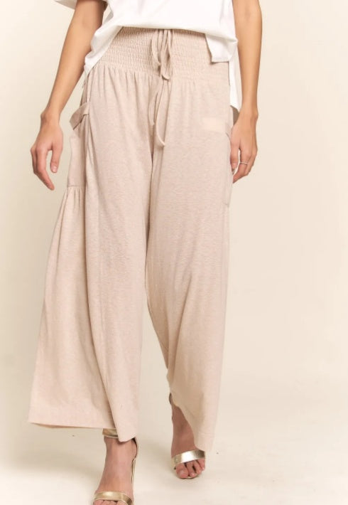 J.NNA Smocked Waist Boho Wide Leg Pants With Pockets