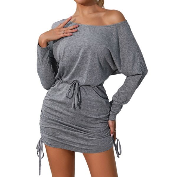 Ruched Dress Asymmetrical Neckline Batwing Long Sleeve Drawstring Bodycon Dress