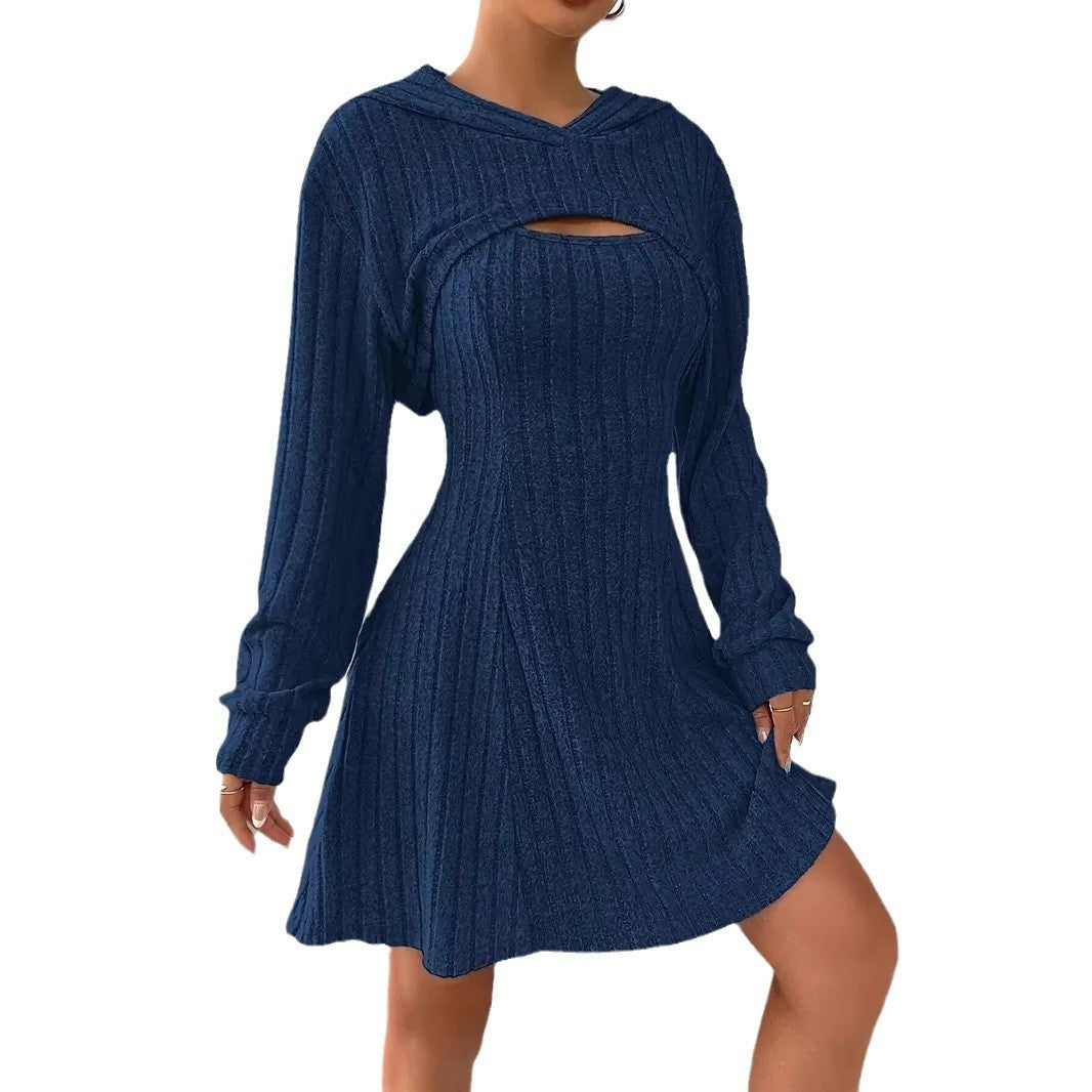 Hooded Shawl Long-sleeved Vest Short Dress Two-piece Set