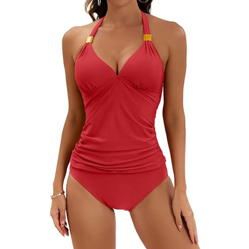 Pure Color Halter Split Tie Two Piece Swimsuit