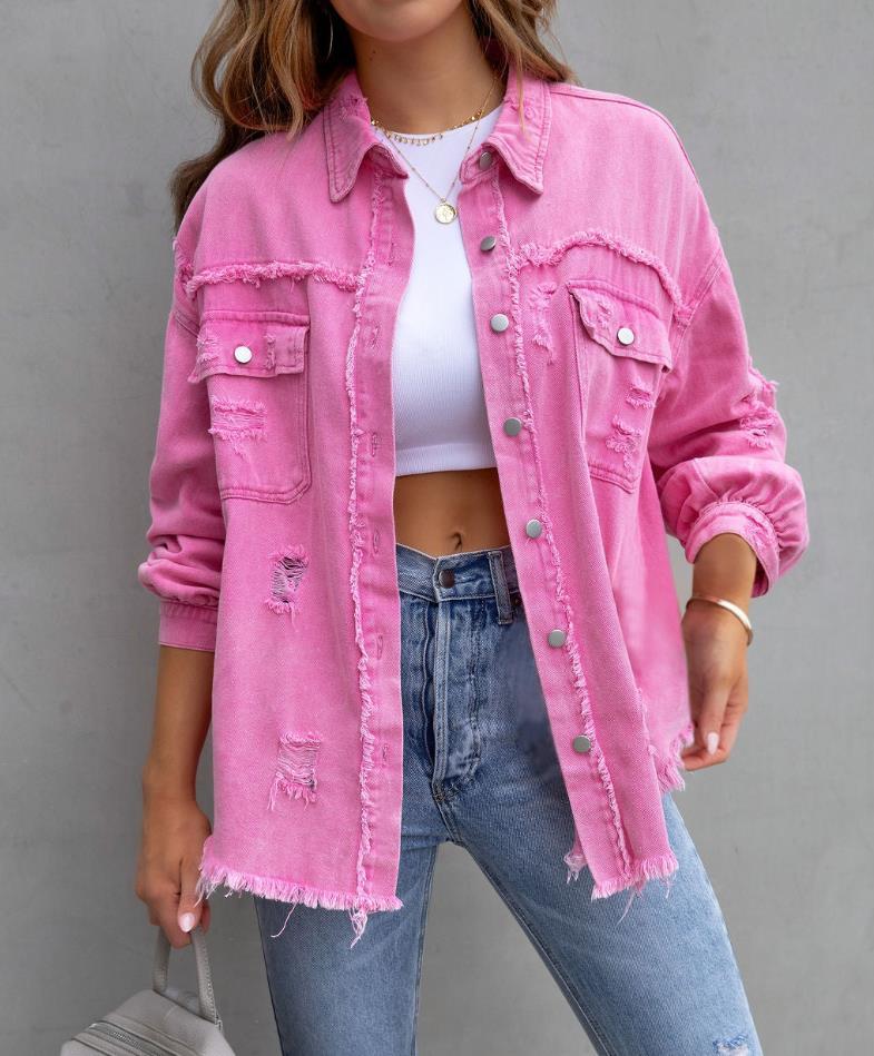 Oversized Frayed Lightweight Denim Jacket\Shacket