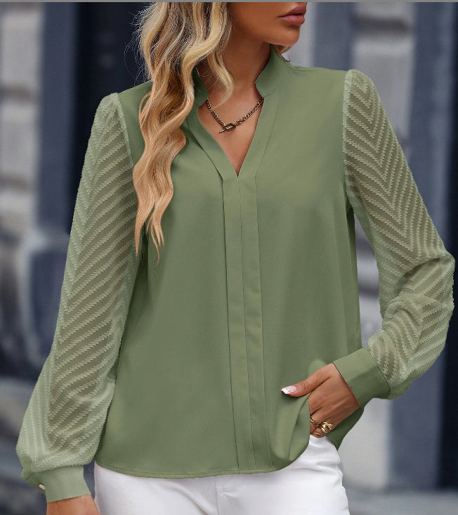 V-neck Long-sleeved Chiffon Lace Stitching Shirt