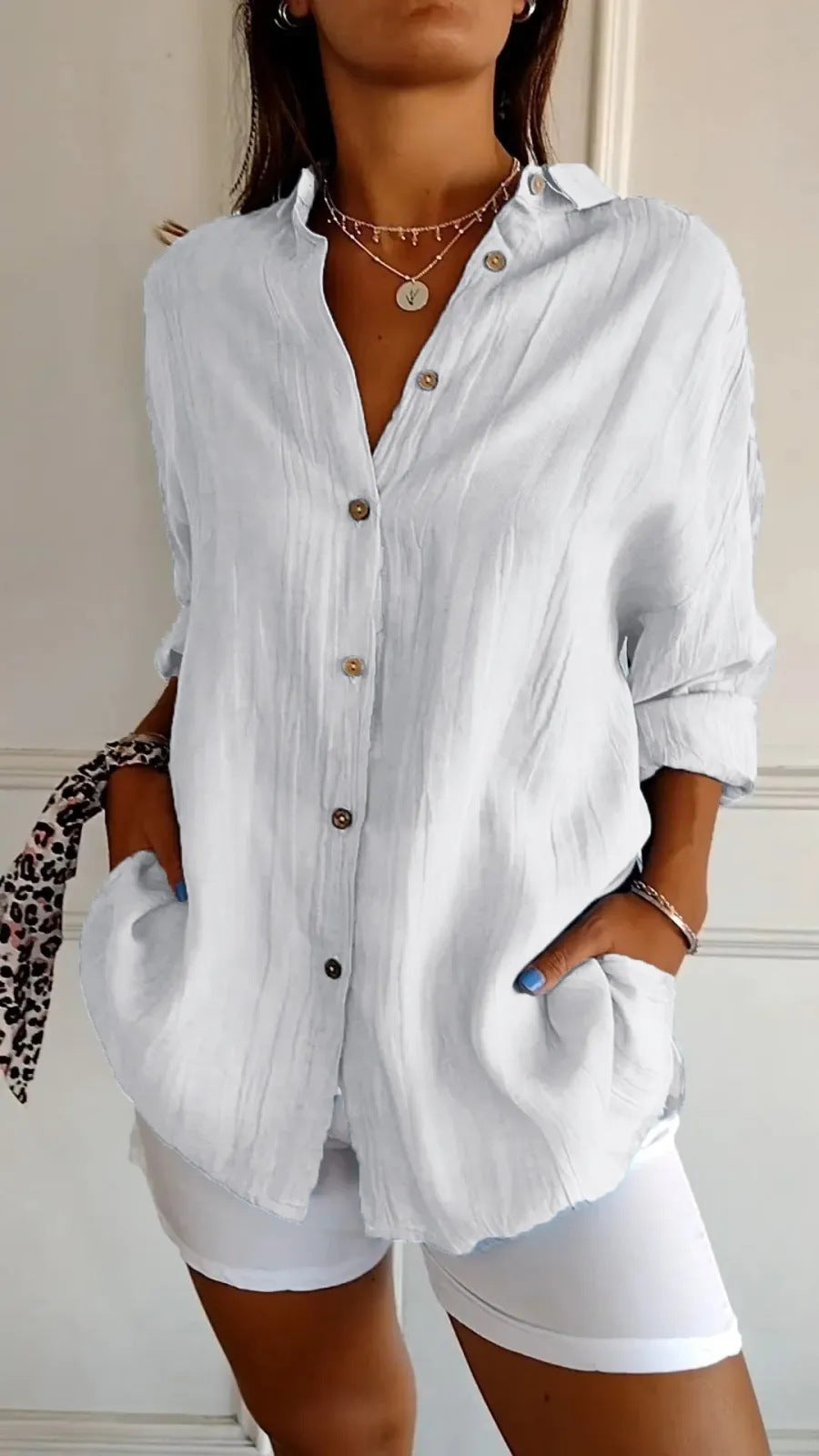 Lapel Long Sleeve Single-breasted Pleated Shirt