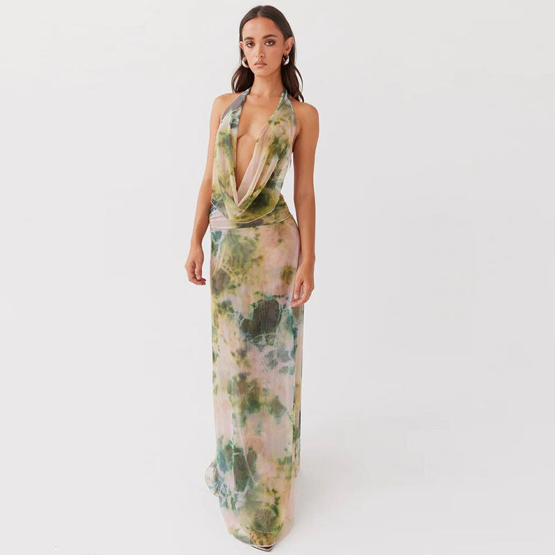 2pcs Tie Dye Printing Deep V-neck Suits Fashion Halter Backless Long Dresses