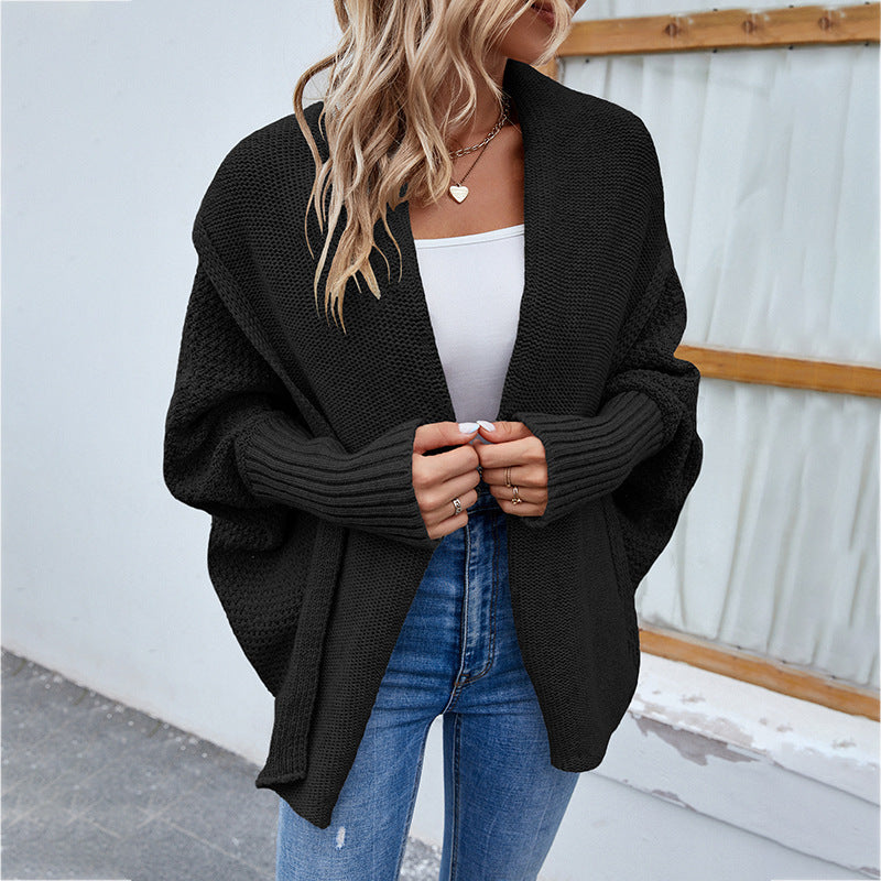 Loose Knitted Solid Color Bat Sleeve Large Lapel Cardigan Sweater