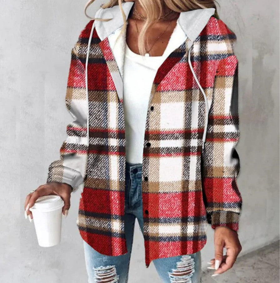 Solid Color Plaid Hooded Jacket